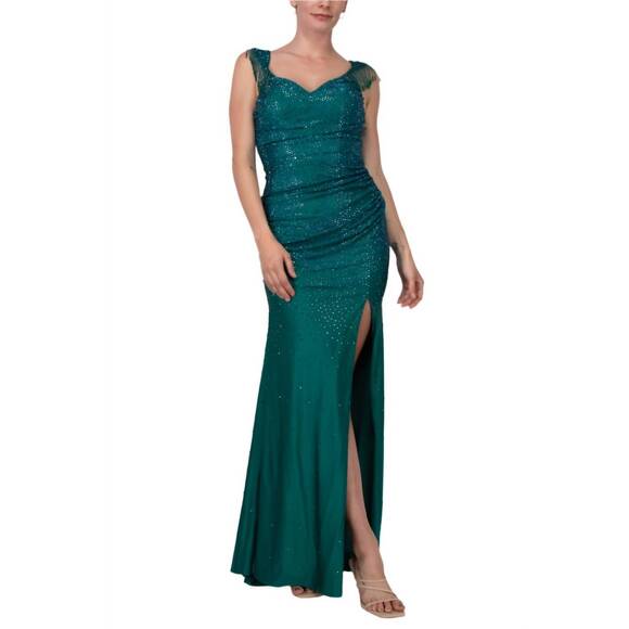 NEW COLORS DRESS long crystal off the shoulder fringe slit gown in deep  green